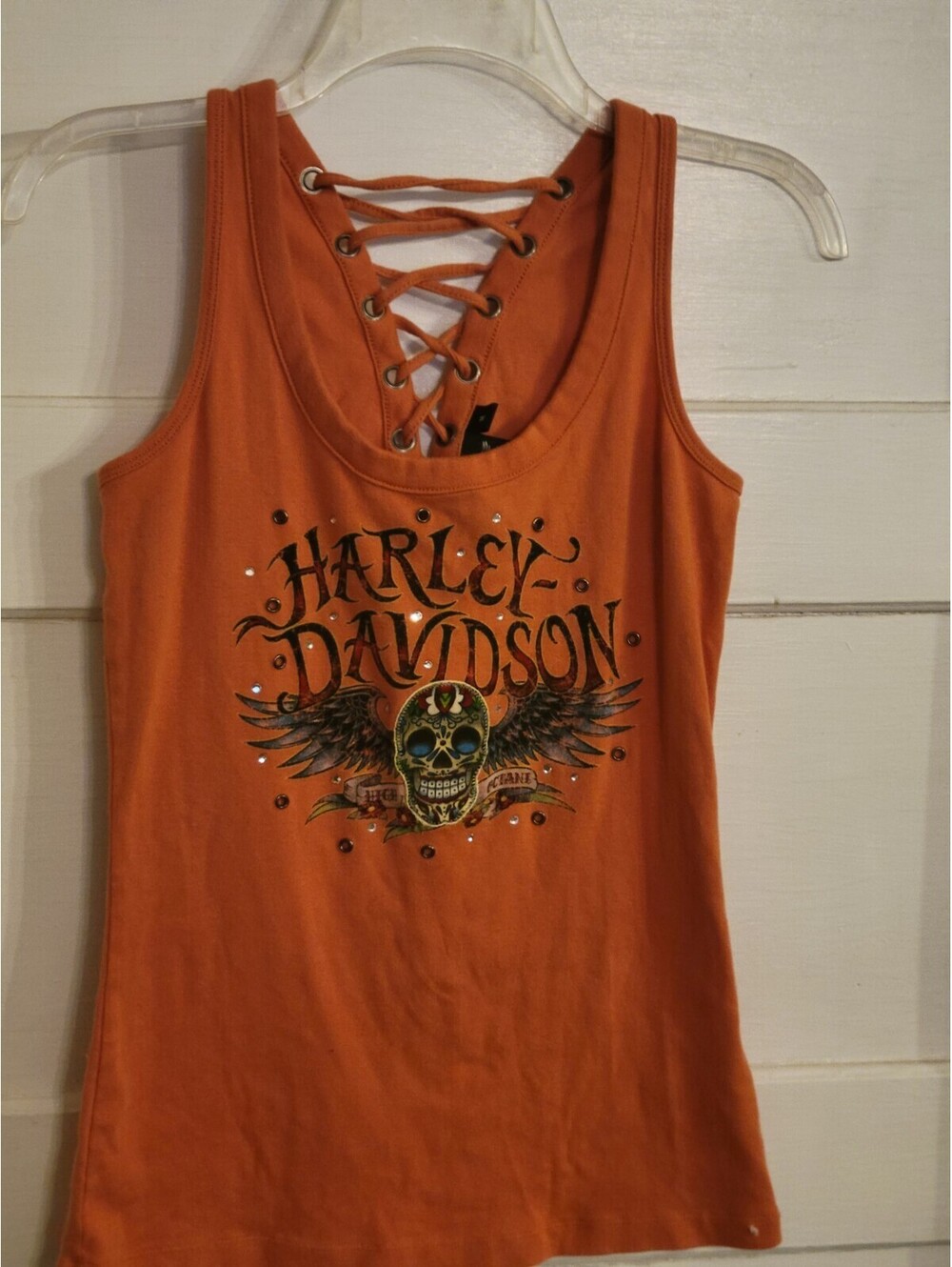 Harley Davidson Womens Shirt Medium Orange Tank Top Motorcycle HOG Tie Back